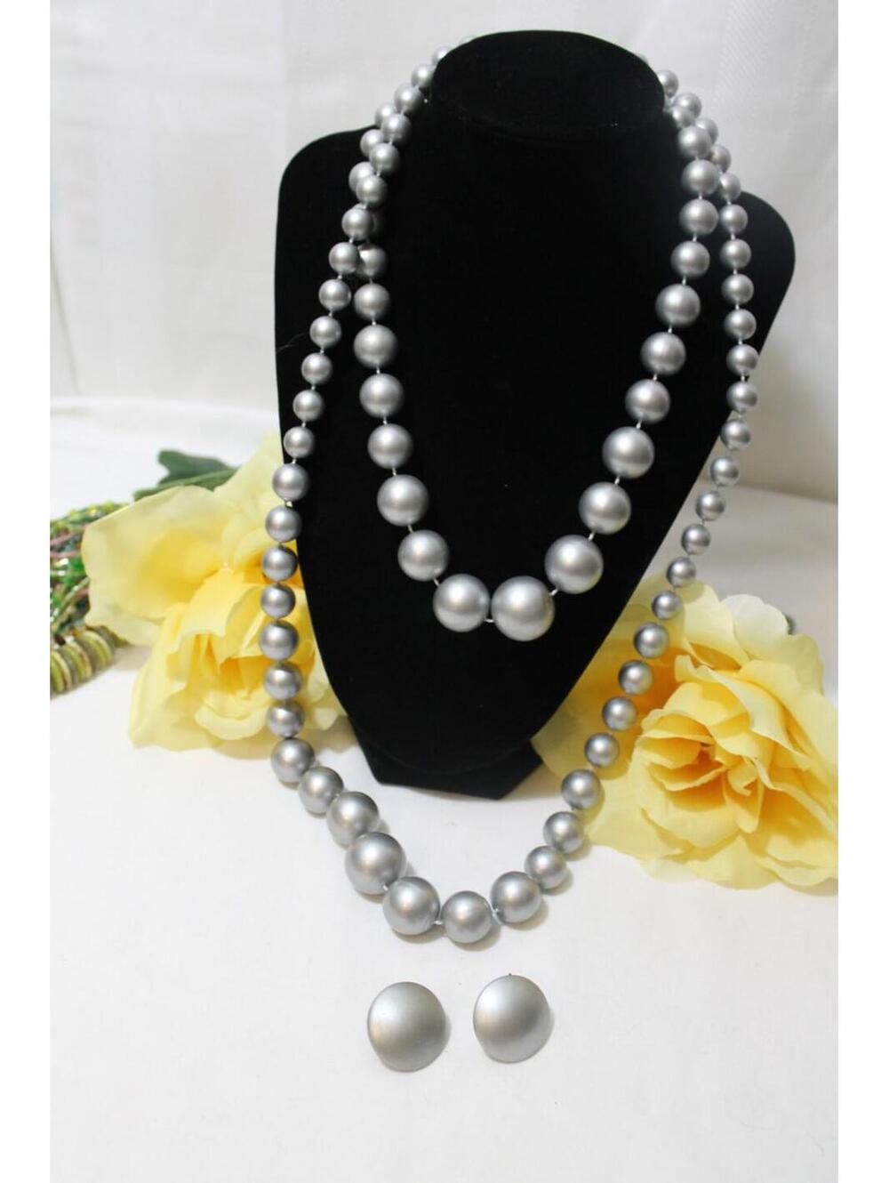 Vintage AVON Gray Beads Jewelry Set - 2 Necklaces + Pierced Earrings
